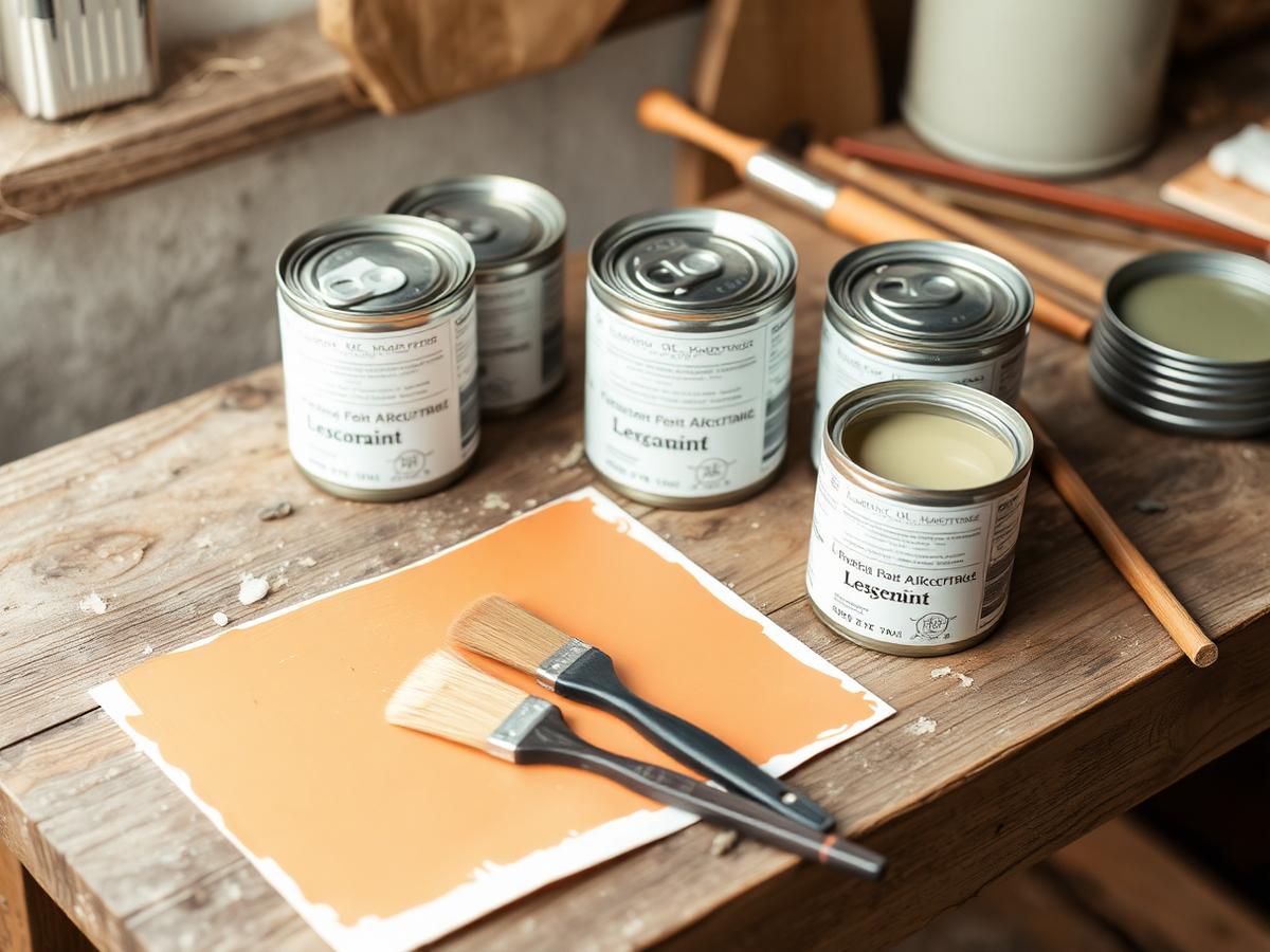 Latas de pintura al aceite de linaza y pinceles sobre un banco de madera